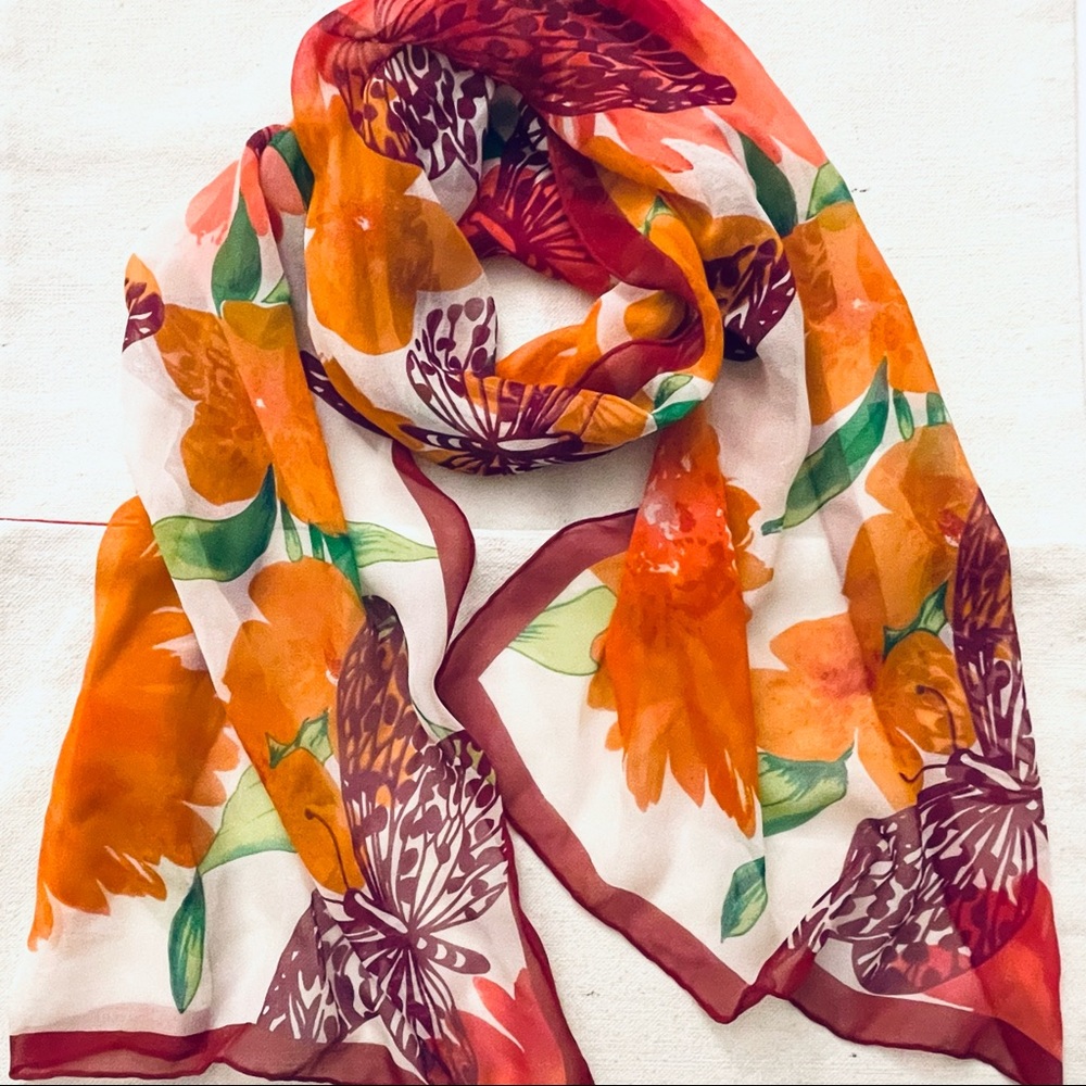 Chiffon 100% Silk White/Orange/Burgundy/Green Flowers and Butterflies Long Scarf